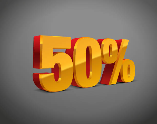 istock 50 percent off, sale background, golden-yellow metal object 3D. Eps10 Vector. 1303125522