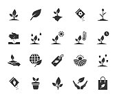 Vector set of plant flat icons. Contains icons seedling, seeds, growing conditions, leaf, growing plant and more. Pixel perfect.