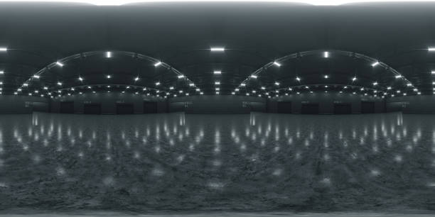 istock Full spherical panorama 360 degrees of empty exhibition space. backdrop for exhibitions and events. Tile floor. Marketing mock up. 3D render illustration 1303131943
