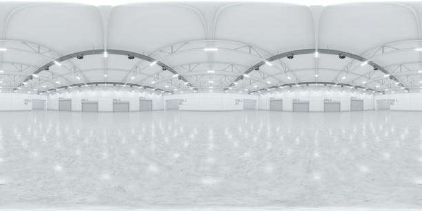 Full spherical panorama 360 degrees of empty exhibition space. backdrop for exhibitions and events. Tile floor. Marketing mock up. 3D render illustration