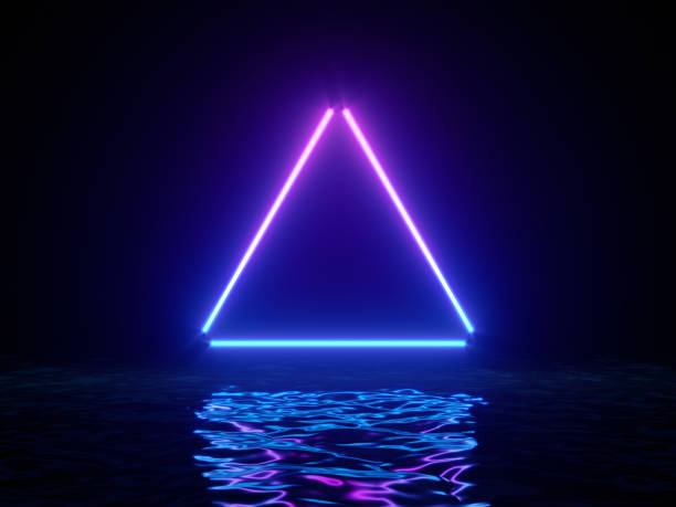 istock Glowing neon triangle with reflections in water surface. Abstract background, waves, ultraviolet, spectrum vibrant colors, laser show. 3d render illustration 1303132748