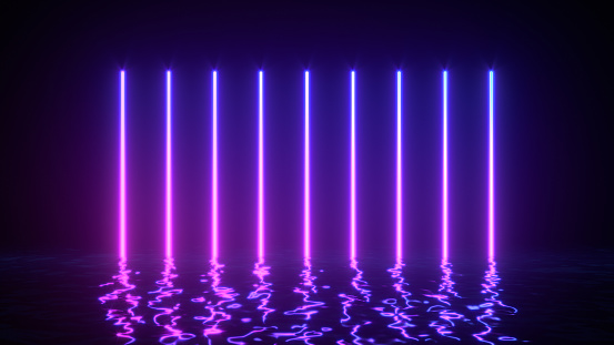 Glowing neon lines with reflections in water surface. Abstract background, waves, ultraviolet, spectrum vibrant colors, laser show. 3d render illustration