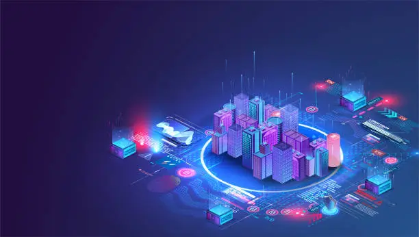 Vector illustration of Smart city or intelligent building isometric vector concept. Building automation with computer networking illustration. Data Center Blockchain Technology. Smart city and communication network concept.