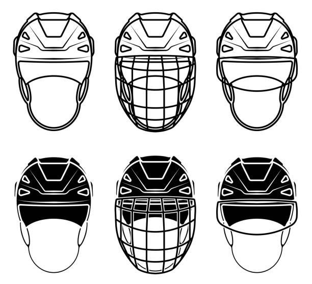 открытый хоккейный шлем значок спереди, с прозрачным козырьком и с защитной решеткой. хоккеист защитное снаряжение. вектор - helmet helmet visor protection black stock illustrations