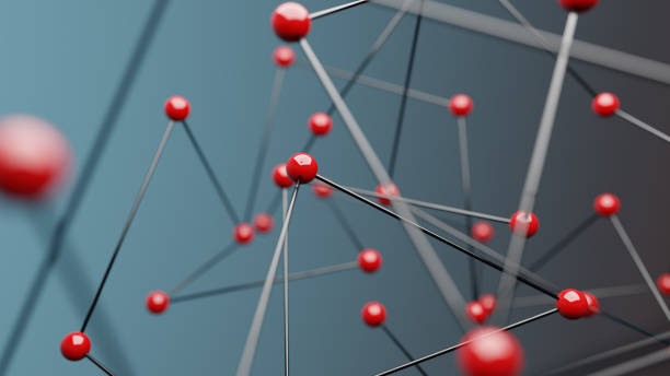 istock Red spheres on blue background, concept of network 1303139551