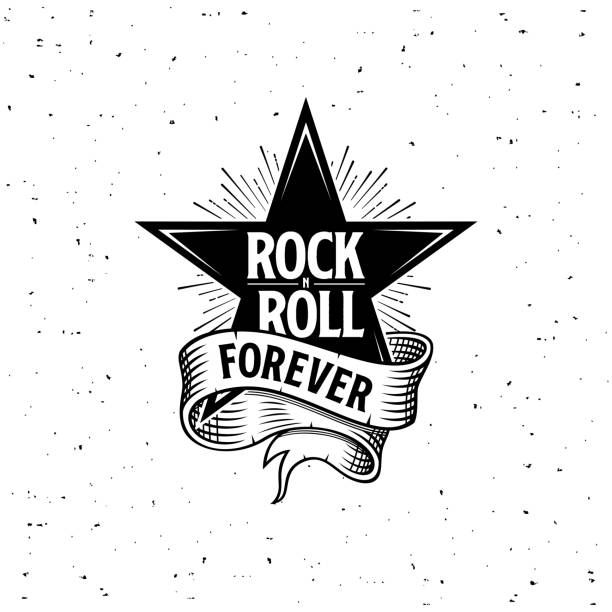 Rock and Roll forever star, ribbon, starburst Rock and Roll forever. Rock festival poster or tattoo with star and ribbon. Vector illustration rock musician stock illustrations