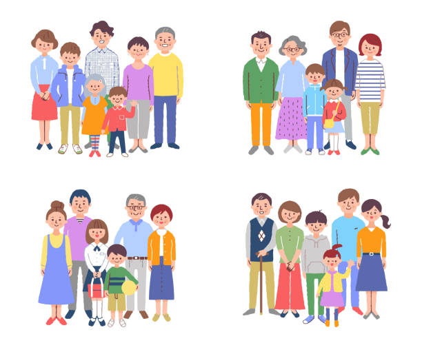 ilustraciones, imágenes clip art, dibujos animados e iconos de stock de ilustración de una familia de tercera generación,4 sets - grandmother child senior adult multi generation family