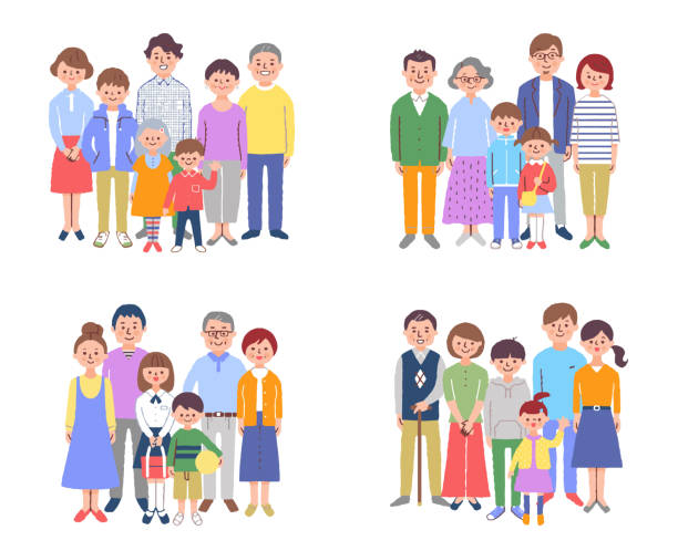Illustration of a third generation family、4 sets People, parents and children, grandparents, grandchildren, families, gatherings, whole body family reunion stock illustrations