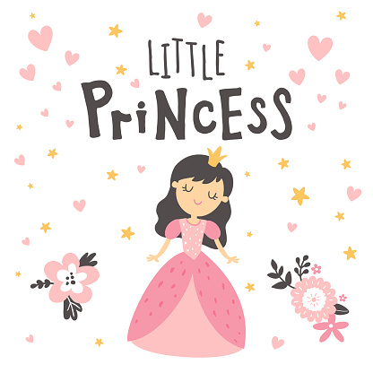 vector illustration, beautiful princess in a pink dress and hand lettering text