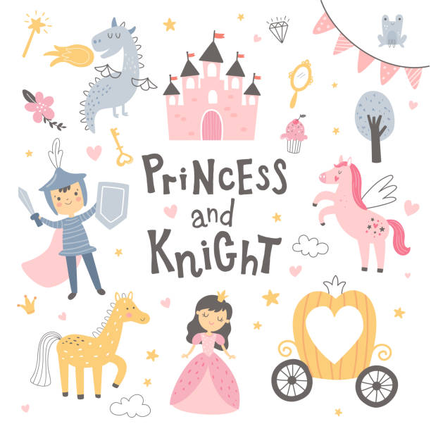 cute vector princess set on white background vector illustration, princess and knight image, fairy tale elements for kids parties fairy illustrations stock illustrations