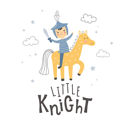 vector illustration, adorable little knight riding his horse, holding a sword