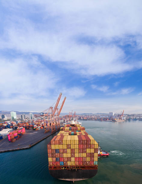 istock Aerial view of cargo ship in transit. 1303146762
