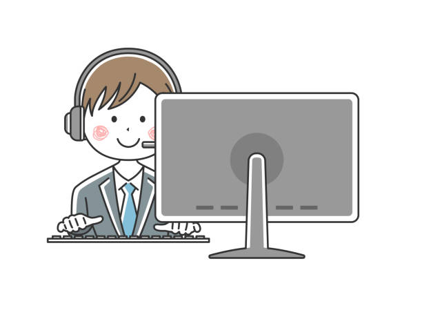 illustrazioni stock, clip art, cartoni animati e icone di tendenza di operatore che lavora in un centro clienti. - customer service representative white background support customer