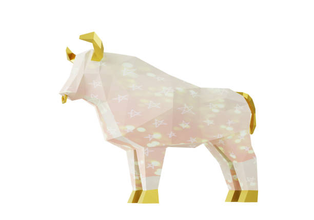 istock Low Poly Light Pink Bull with stars, folded paper animal figurine, 3d render 1303149592