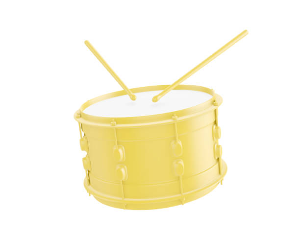 istock Yellow snare drum and drumsticks isolated on white background. 3d illustration 1303149718