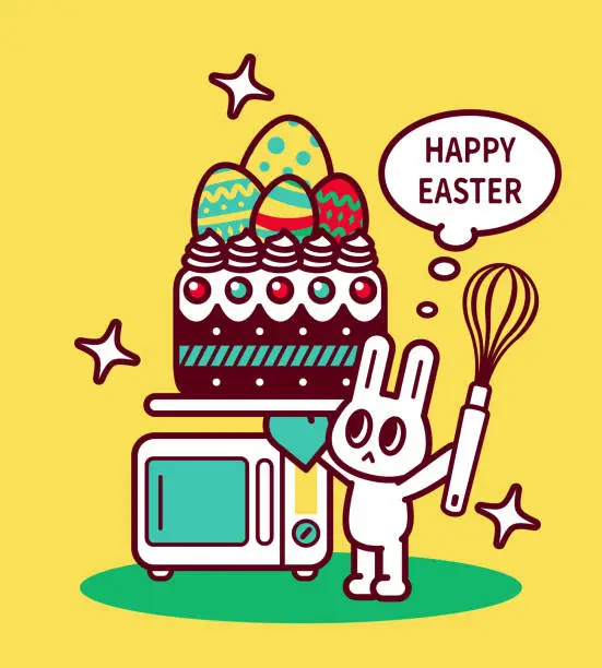 Vector illustration of Happy Easter Bunny chef holding a wire whisk and using an oven mitt carrying an Easter cake with Easter Eggs on it, an oven behind