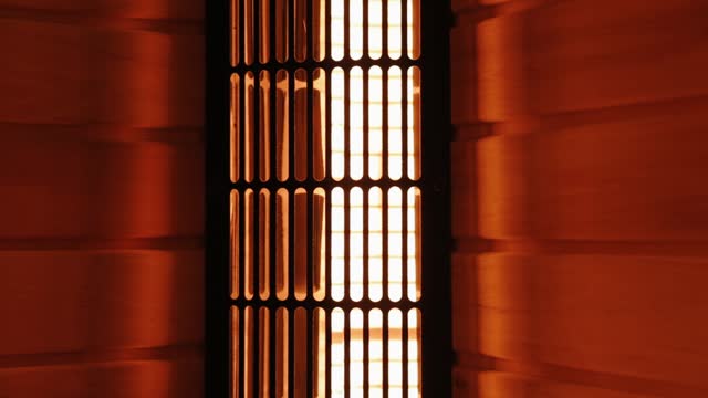 Close up of infrared heater of classic wooden Finnish sauna to improve health and well-being