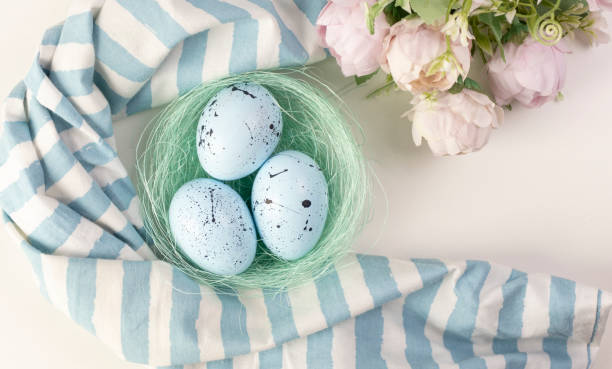 easter painted eggs isolated on trendy blue background. the minimum concept of easter. - easter remote blue cute imagens e fotografias de stock