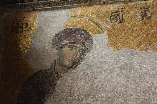 Istanbul, Turkey-May 11, 2014: The Virgin Mary Mosaic on the Wall in Hagia Sophia Mosque, close-up.