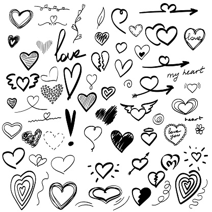 large set of hand-drawn heart drawings, valentine. doodle vector illustration. love valentine set