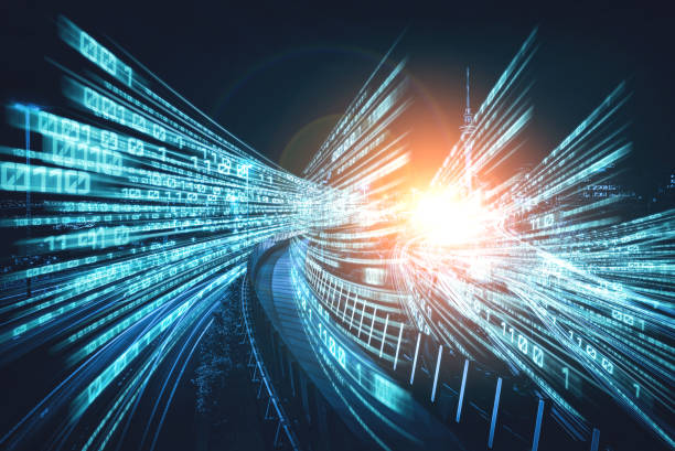 istock Digital data flow on road with motion blur to create vision of fast speed transfer 1303163449