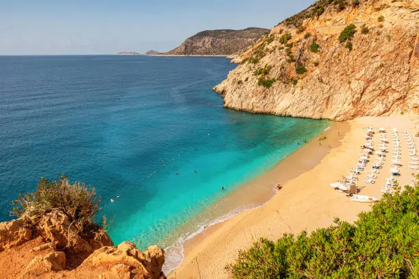 Kaputas beach near Kas town in Antalya region, Turkey with clear turquoise water and sandy beach. Holiday or vacation resort