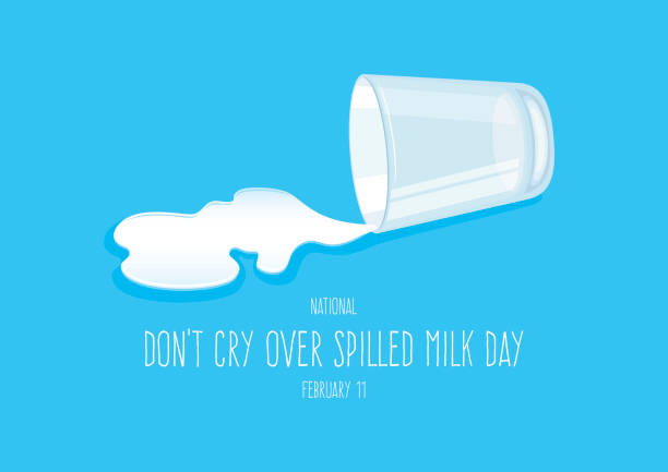 National Don't Cry Over Spilled Milk Day vector Glass of spilled milk icon isolated on a blue background vector. Don't Cry Over Spilled Milk Day Poster, February 11th. Important day spilling stock illustrations