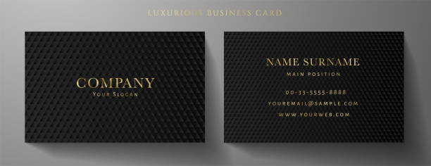 Business card with luxury abstract black triangle pattern (carbon texture) Formal premium background template useful for invitation design, Gift card, voucher or gift coupon black and gold business cards stock illustrations