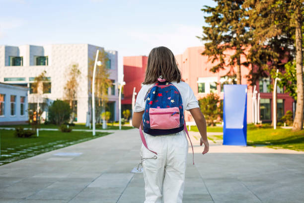 istock Girl with backpack walking to school 1303170355