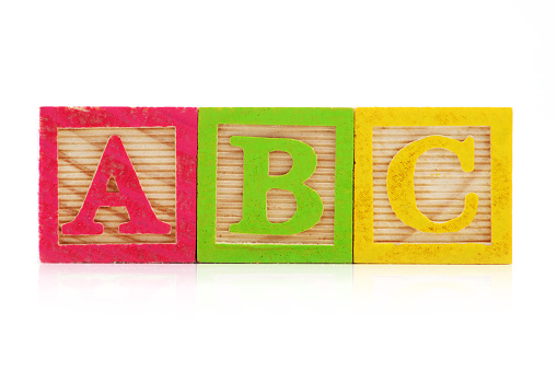 A front view of A B C wood blocks on white background with reflection