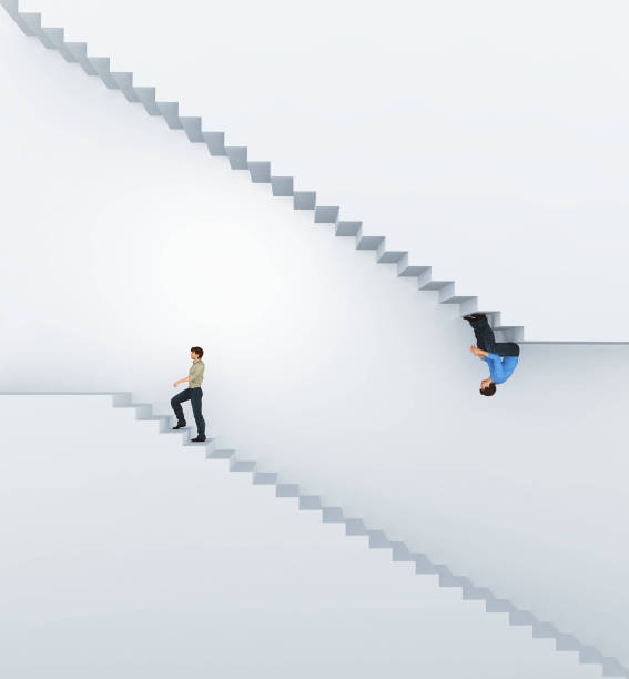 istock Confused man sitting on stairs upside down while one go up on the stairs . Different expectation and way concept . This is a 3d render illustration . 1303174734