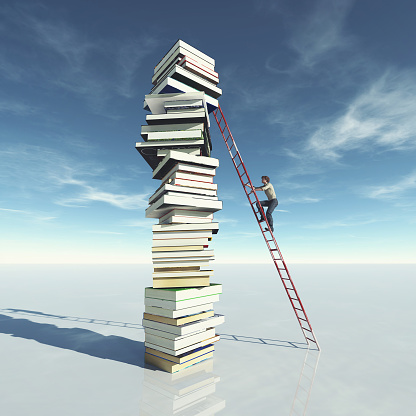 Man climbs on a stack of books using a ladder. Scholarship and education concept . This is a 3d render illustration .