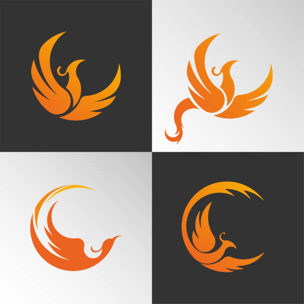orange kreisförmige design-element, symbol feuervogel fliegt - phoenix stock-grafiken, -clipart, -cartoons und -symbole