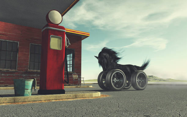 zwart paard met autowielen in plaats van benen bij een benzinestation. dit is een 3d geef illustratie terug. - gekke paarden stockfoto's en -beelden
