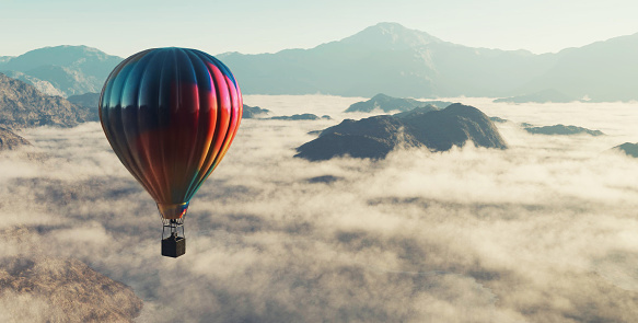 Hot air balloon flying above clouds at the mountains . This is a 3d render illustration .