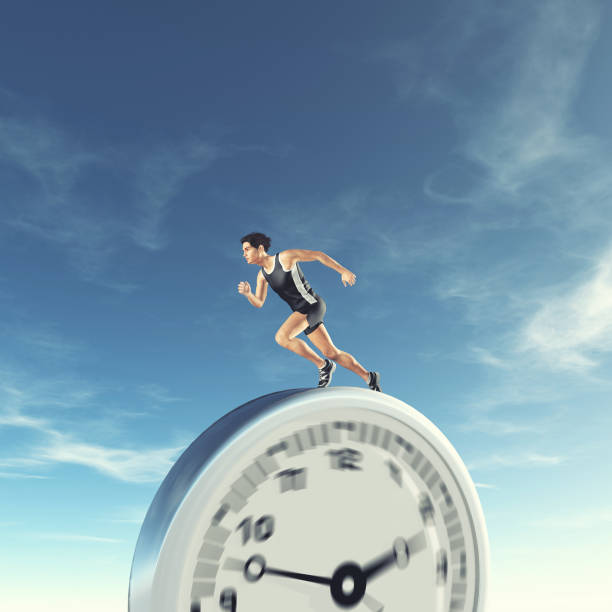 istock Man running on a clock . Running out of time and deadline concept . This is a 3d render illustration . 1303175256