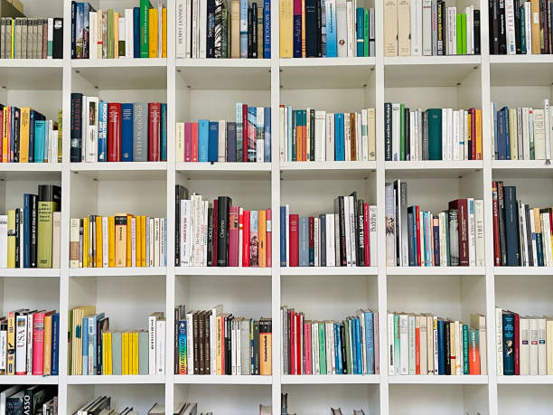 istock Full bookshelf close up, white wood 1303176050