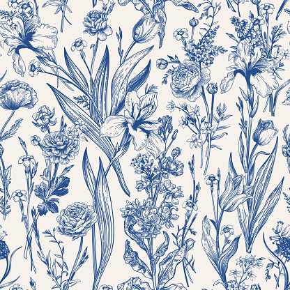 Floral seamless pattern. Flowering. Garden summer and spring flowers. Blue.