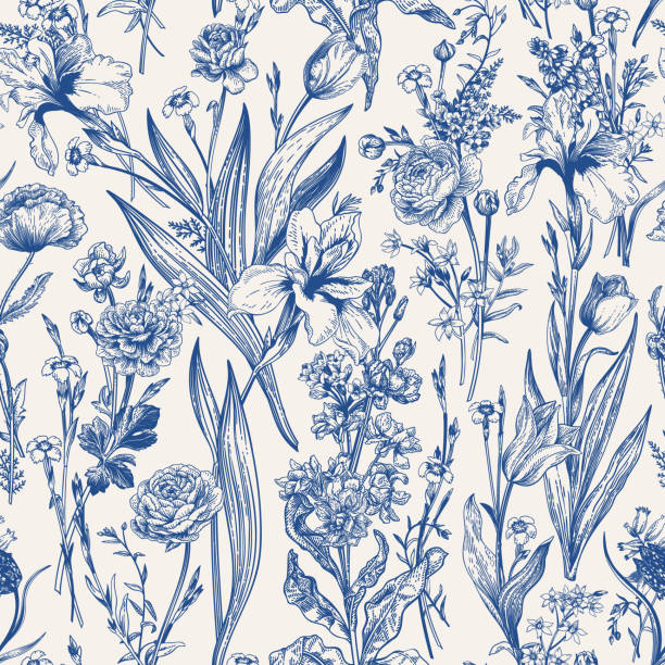 Floral seamless pattern. Flowering. Floral seamless pattern. Flowering. Garden summer and spring flowers. Blue. blue iris stock illustrations