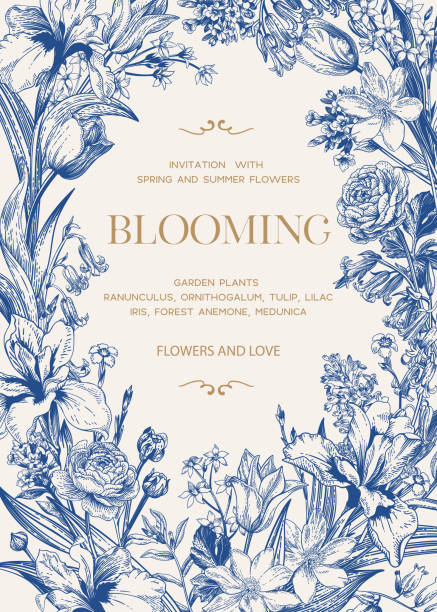 Vertical frame with flowers. Vertical frame with flowers. Floral background. Garden summer and spring plants. Iris, tulip, ranunculus, forest anemone, bell, lilac. Blue. blue roses stock illustrations