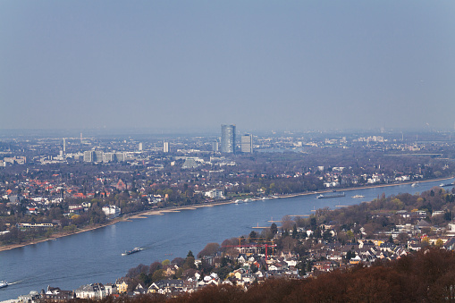 Aerial vie of Bonn, Koenigswinter and river Rhine in spring from mountain Drachenfelsen