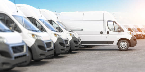 Delivery vans in a row with space for logo or text. Express delivery and shipment service concept. Delivery vans in a row with space for logo or text. Express delivery and shipment service concept. 3d illustration delivery van stock pictures, royalty-free photos & images