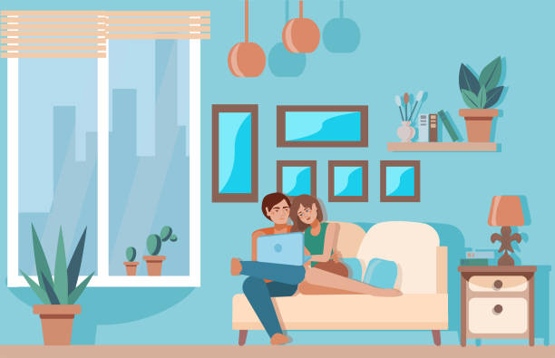 ilustrações de stock, clip art, desenhos animados e ícones de cozy living room. a young couple gently cuddle on the couch and watch a movie on their laptop. concept of a happy family life. cute interior with characters. vector illustration in a flat style. - family sofa vector illustration and painting