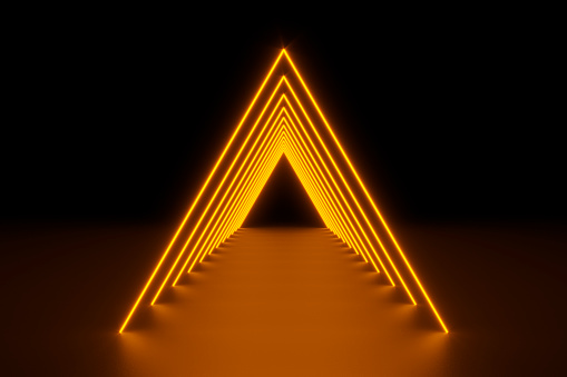 Modern undefined empty abstract background illuminated by orange triangles lights on reflective floor in diminishing perspective as a tunnel, ceiling and background faded in the dark. 3D rendered image.