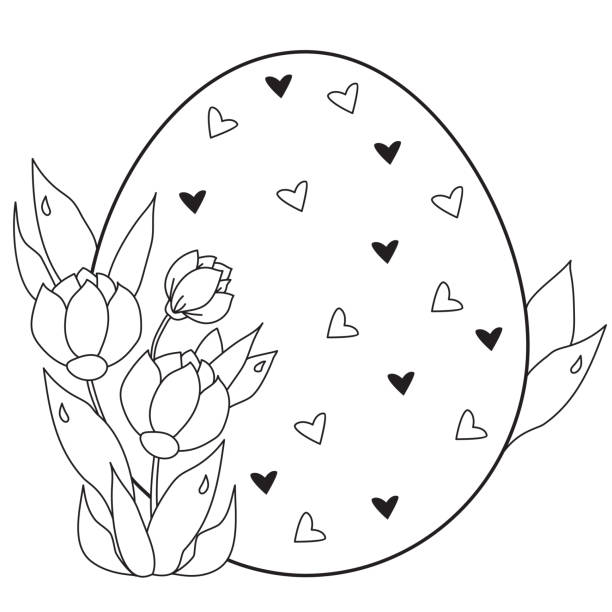 illustrazioni stock, clip art, cartoni animati e icone di tendenza di biglietto di pasqua. grande uovo di pasqua con cuori e un bouquet di fiori e foglie primaverili. vettore. linea nera, contorno. illustrazione per design, arredamento, stampa, cartoline - doodle sketch drawing letter