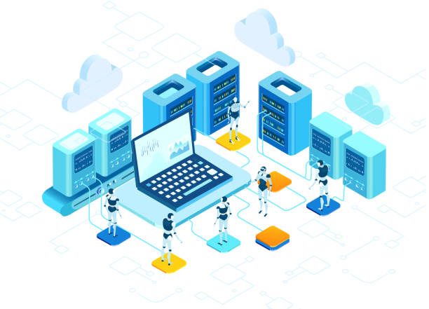 isometrische 3d-geschäftsumgebung. roboter und künstliche intelligenz konzept infografik. roboter arbeiten im serverraum, big data.  menschliche vs-roboter - security security system security staff control stock-grafiken, -clipart, -cartoons und -symbole