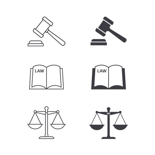 저울, 법률 책 및 망치 정의 아이콘 세트, 벡터 고립 된 일러스트레이션 - judge gavel stock illustrations