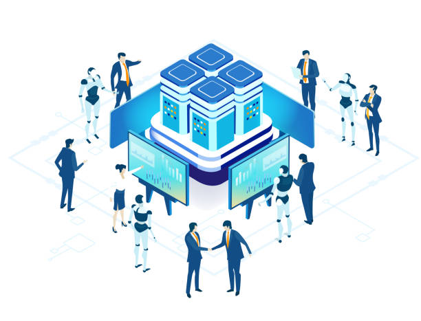 Isometric 3D business environment. Robots and artificial intelligence concept. Business people working together with robots. Human VS robots Isometric 3D business environment. Robots and artificial intelligence concept. Business people working together with robots. Human VS robots process automation office stock illustrations