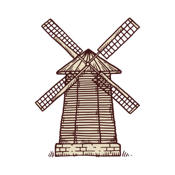 windmühle-ikone, holzbau der alten ländlichen windmühle im vektorskizzenstil - altes backhaus dorf stock-grafiken, -clipart, -cartoons und -symbole