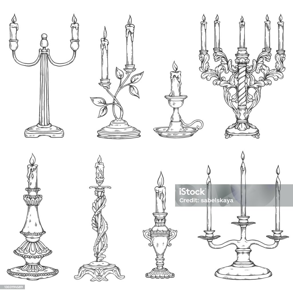 Nến Cổ Điển Với Nến Một Bộ Hình Minh Họa Nghệ Thuật Vector Line ...